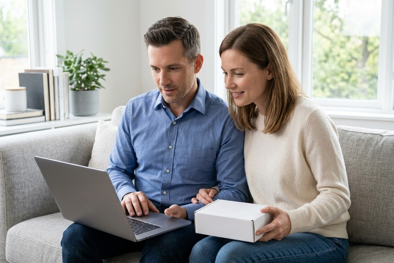 A couple in their 30's Researching the best colorectal cancer screening test - ColoHealth Direct