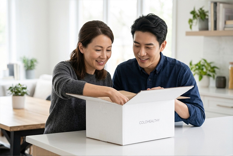 Couple opening a ColoHealth Direct Colon Cancer Screening Kit box